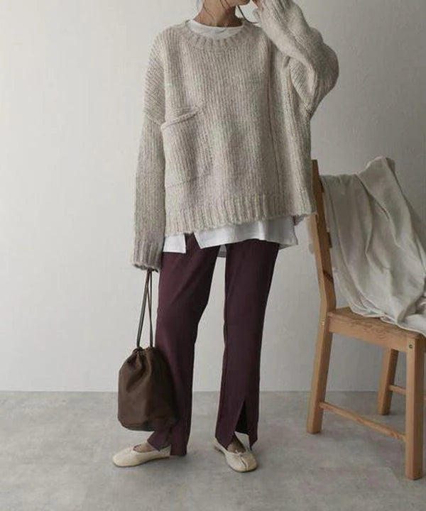 Oversized Elfenbensfarvet Sweater med Lomme foran Mia